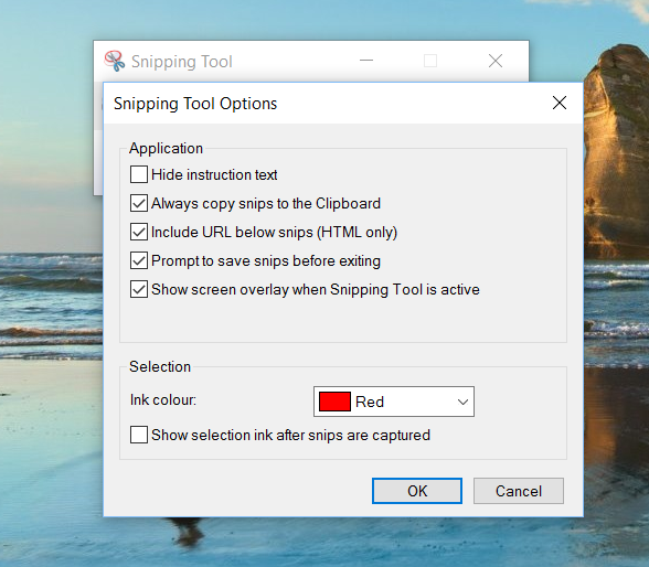 Snipping tool Options